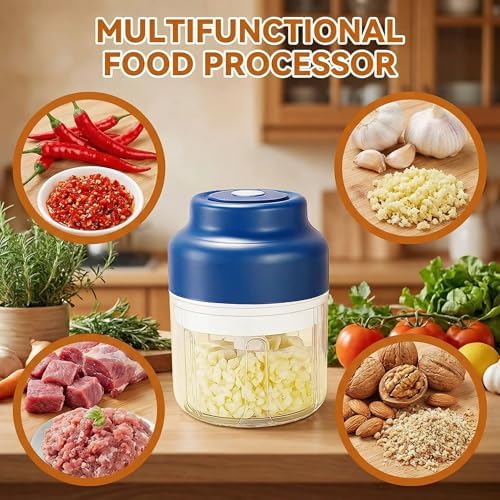 350ML Mini Electric Garlic Chopper, Mini Portable Veggie Chopper USB Charging Wireless Food Processor, Upgrade Electric Mini Garlic Chopper Set Wireless Veggie Grinder (Blue) - Image 2