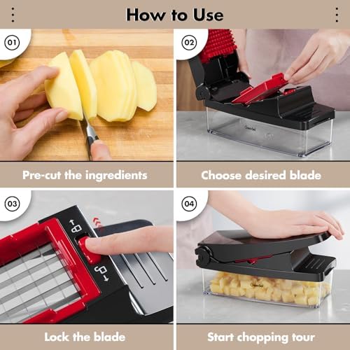 Geedel Vegetable Chopper, Onion Chopper Pro Food Chopper, Kitchen Vegetable Slicer Dicer Cutter Grater, Veggie Chopper with container for Salad Onion Potato Carrot (4 in 1, Red) - Image 6
