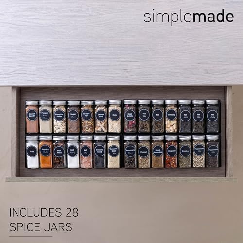 Spice Drawer Organizer, Spice Rack Drawer for Kitchen, 4 Tier Black Drawer Spice Organizer with 28 Jars and labels with a pen, Silicone Funnel, 13" by 17.5"