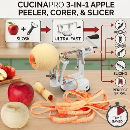 Apple Peeler and Corer, Heavy Duty Chrome Cast Iron, White