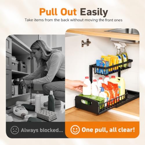 Under Kitchen Sink Organizer, Metal Pull Out Bathroom Organizers and Storage, 2-Tier Cabinet Organizer Shelf with Sliding Drawer, Home Organization for Kitchen, Laundry, Pantry, Black, 2 Pack