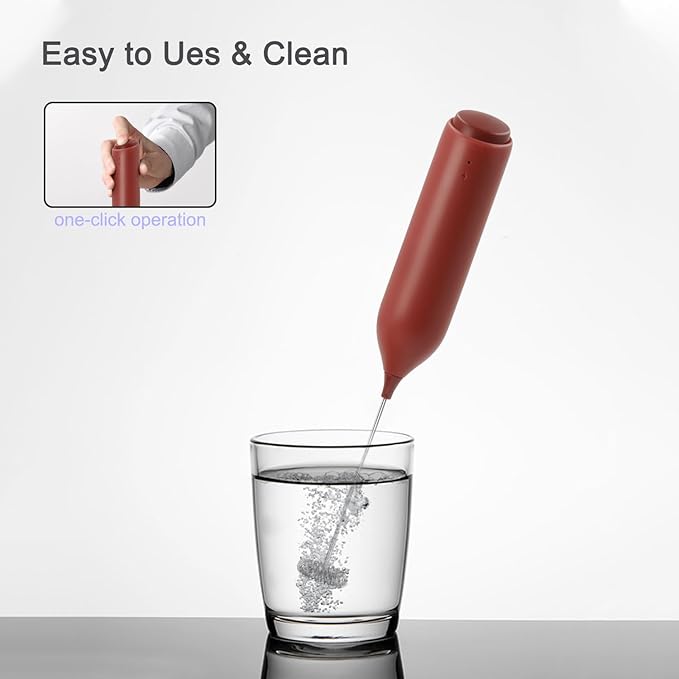 Rechargeable Coffee Frother by ELMWAY, Electric Milk Frother with Charging Stand & Wall Mount, Handheld Drink Mixer, Foam Maker for Coffee, Matcha - Red