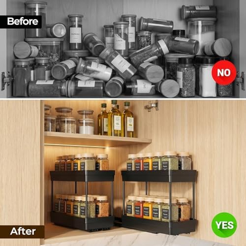 Pull Out Spice Rack,2 Pack 2-Tier Cabinet Organizer, Black