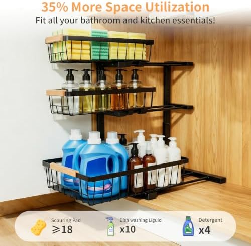 3 Tier Grid Pull Out Organizer Black 2 Pack Sliding Rack