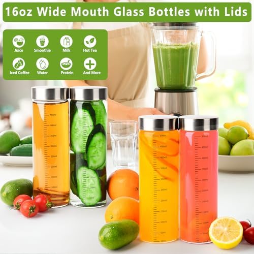 4 Pack 16 oz Glass Juice Bottles with Stainless Steel Lids Wide Mouth Borosilicate Glass Shaker bottle for Juicing, Protein, Smoothies, Reusable, Leak Proof, Dishwasher Safe Glass Water Bottles