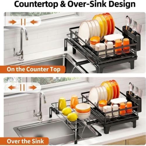 Expandable Dish Drying Rack for Kitchen Counter, 1-Tier, Heavy Duty Carbon Steel Over Sink Dish Drainer, Rust-Resistant Adjustable Dish Rack with Utensil Holder, Large Capacity, Black