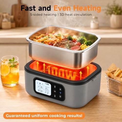 Cordless Electric Lunch Box for Adults with APP Control, 27000mAh Battery Powered, 1.5L Portable Timer & Leak-Proof Warmer, Smart for Men Work Travel Truck (Gray)