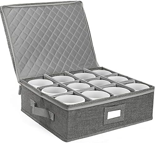 Cup and Mug Storage Container, Hard Shell, China Coffee Mug Storage Box for Moving, with Dividers & Handles, Holds 12 Tea Cups, Grey
