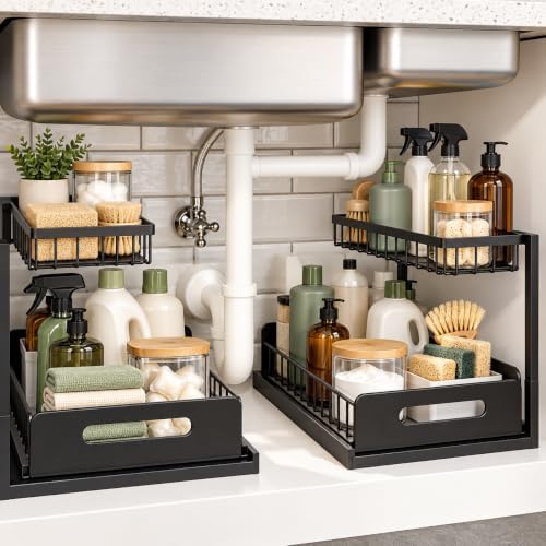 Under Sink Organizer, 2-Tier Pull-Out Kitchen Bathroom Storage Rack, Black