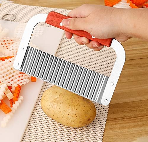 Crinkle Cutter Stainless Steel Potato Slicer Heavy Duty Wavy Crinkle Cutting Chopping Tools with Wooden Handle for Carrot Veggies