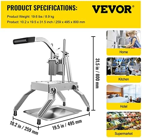 VEVOR Commercial Vegetable Fruit Dicer,Onion Cutter Heavy Duty Stainless Steel Removable and Replaceable Kattex Chopper,3/8" Tomato Slicer with Tray Perfect for Potatoes, Carrots, peppers, Silver - Image 6