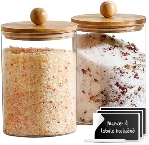 Set of 2 Glass Canisters for Kitchen Counter with Airtight Bamboo Lids + Marker & Labels - 68oz. Large Cookie Jars Wooden Lid, Food Storage Containers Pantry, Flour, Sugar, Pasta, Candy.