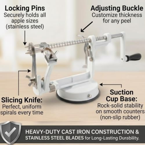 Apple Peeler and Corer, Heavy Duty Chrome Cast Iron, White