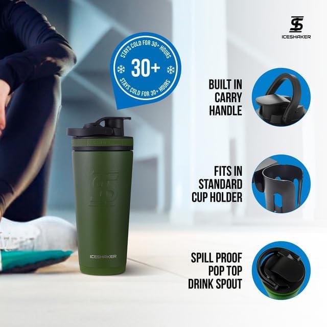 Insulated Stainless Steel Shaker Bottle | 26oz, Green | Cold for 30+ Hours | Insulated Cup with Twist-on Agitator | Odor-Free Bottle for Protein Shakes, Water, Smoothies, Cocktails