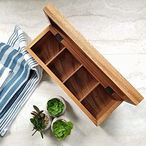 Acacia Wood Tea Box with 4 Sections, 12-1/2" x 4-1/8" x 3-7/8"