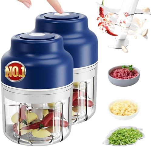 Electric Garlic Chopper Mini, Cordless Mini Food Chopper With 6 Blades, 320ml Small Garlic Grinder For Onion Chili Ginger, Rechargeable Kitchen Gadget (2, Blue) by QWJUX