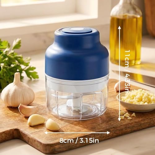 350ML Mini Electric Garlic Chopper, Upgrade Electric Mini Garlic Chopper Set Wireless Veggie Grinder Mini Portable Veggie Chopper USB Charging Wireless Food Processor (Blue 320ml) - Image 3