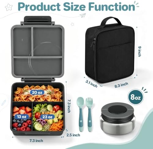 Bento Lunch Box Set for Kids with 8oz Soup Thermo, Leak-Proof Lunch Containers with 4 Compartment, Kids Thermo Hot Food Jar and Insulated Lunch Bag for Kid to School-Black