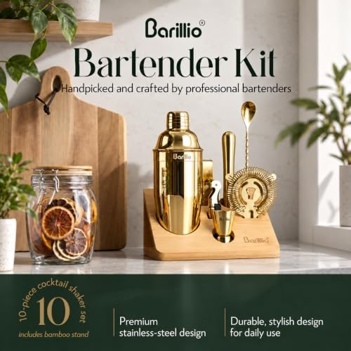 Gold Bartender Kit - Stainless-Steel Cocktail Shaker Set w/Bamboo Stand - Mixology Bar Tools w/Shaker, Drink Mixer Spoon & Muddler for Cocktails - Home Bar Accessories - 10-Pc Bar Set