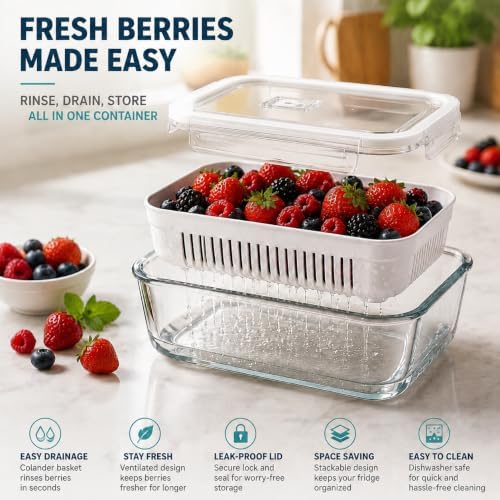 Glass Berry Containers for Fridge, 5 Pack, 2x56oz 2x35oz 1x25oz, with Removable Colanders and Vent Valve Lids, Glass Fruit Storage Containers for Refrigerator, Fresh Produce Storage Set(white)