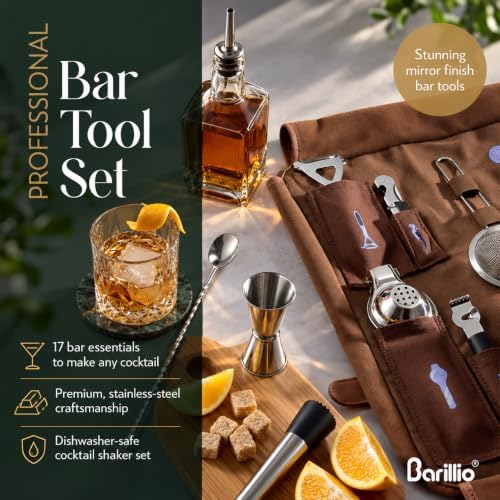 Bartender Kit Bag with Cocktail Shaker Set - Waxed Canvas, Traveling Bar Tools Bag with 17-Pc Cocktail Kit - Travel Mixology Bartending Kits - Mobile Bar Roll with Strap & Accessories