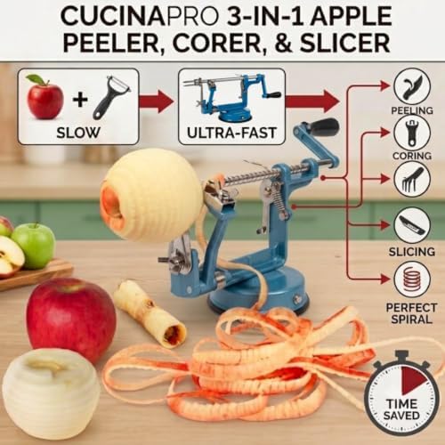 Apple Peeler Corer, Heavy Duty Chrome Cast Iron Suction Base Blue