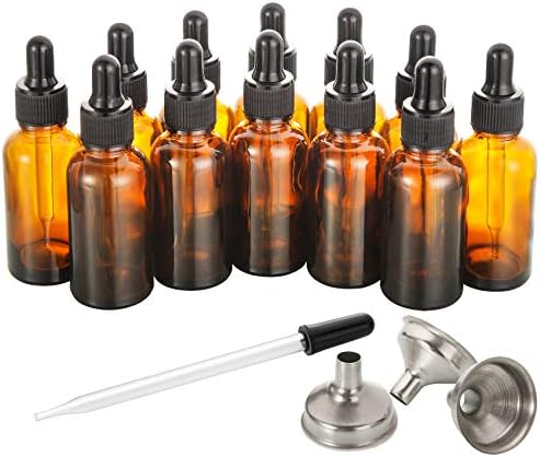 AOZITA 12 Pack, 2 oz Glass Dropper Bottle with 3 Stainless Steel Funnels & 1 Long Glass Dropper - 60ml Amber Tincture Bottles with Eye Droppers for Essential Oils, Liquids - Leakproof Travel Bottle by AOZITA