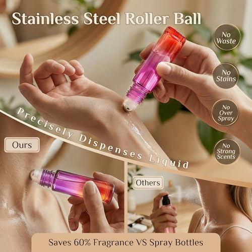 PrettyCare 24 Pack, 10 ml Essential Oil Roller Bottles with Stainless Steel Roller Ball - Refillable Leak-proof Empty Thick Red & Purple Glass Roll on Bottles with Golden Caps for Travel, Perfume - Image 4