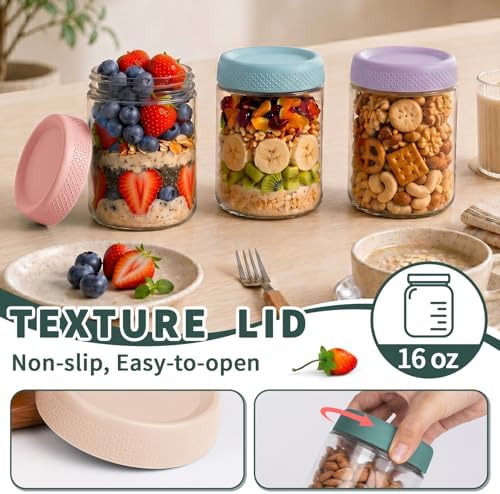 Overnight Oats Containers with Lids, 16 oz Mason Jars, Glass Jar with Lid