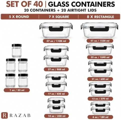 40 PC Borosilicate Glass Food Storage Containers with Airtight Lids