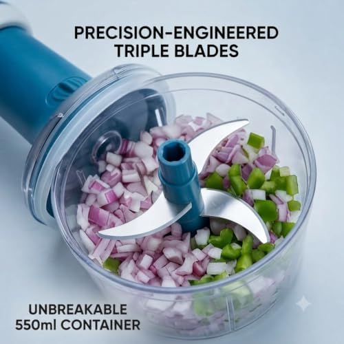 Vegetable Chopper 15.2 OZ (450 ml), Manual Food Chopper with Container & 3 Stainless Steel Blades, Push Vegetable Cutter for Onion, Salad, Nuts, Salsa, Paste & Kitchen Prep (Colour May Vary) - Image 3