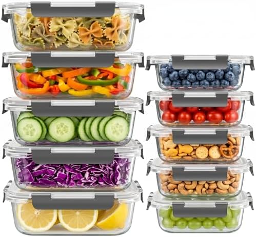 10 Sets 36 oz & 12 oz Glass Food Storage Containers with lids, Gray