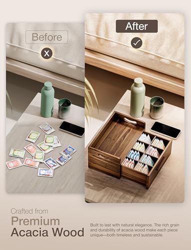 Acacia Wooden Tea Box Organizer with Drawer for Countertop Display