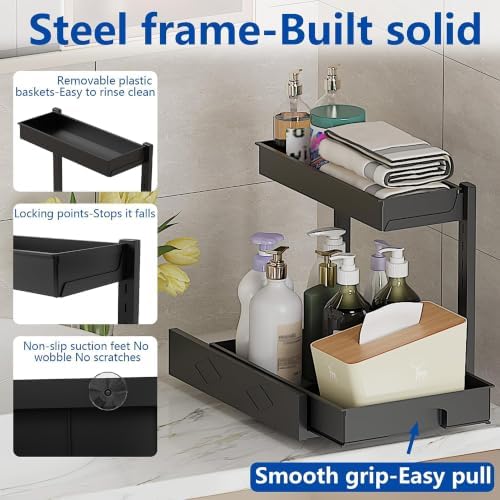 2 Pack Under Sink Organizer, L-Shaped 2 Tier Pull Out Cabinet Organizer