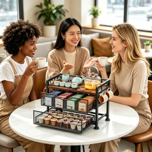 3 Tiers Tea Bag Organizer for Countertop - Wood Teabag Holder with Drawers