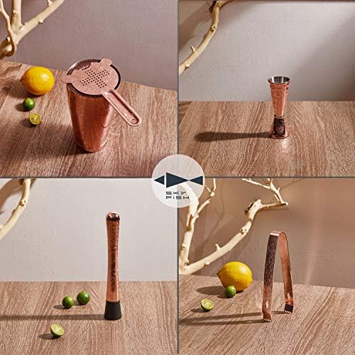 Bartender Kit Cocktail Shaker Set-6 Pieces Stainless Steel Copper Plated Etching Bar Tools with Boston Shaker Tins,Mixing Spoon,Mojito Muddler,Jigger,Hawthorne Strainer,Ice Tongs
