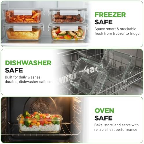10 Piece Glass Food Storage Containers with Lids – 30 oz Meal Prep Containers Reusable – Airtight Glass Lunch Containers for Food Storage – Freezer to Oven Safe - Gray
