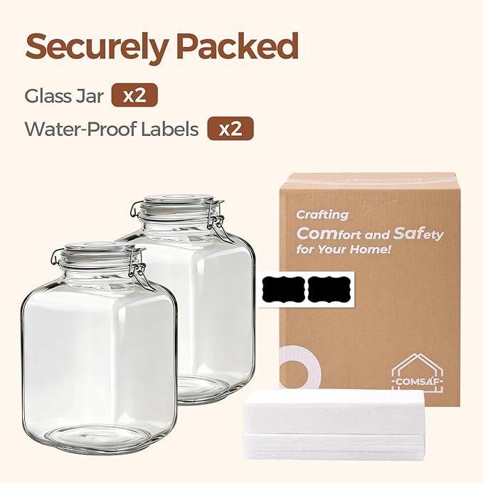 ComSaf 5L Square Glass Jars with Airtight Lids (1.3 Gallon, Set of 2), Space-Saving Canisters for Bulk Flour & Rice Storage, Ideal for Large-Batch Fermenting, Pickling & Kombucha