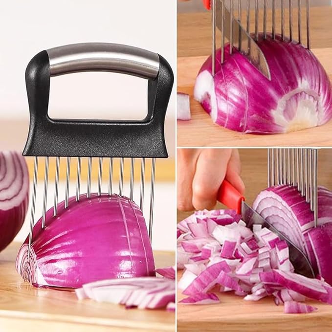 2026 Upgraded Onion Holder for Slicing, New Stainless Steel Onion Slice Holder Lemon Slicer Vegetable Cutter, Kitchen Chopper Slicing Assistant Tool for Meat, Onion, Potato, Tomato (3 Pack)