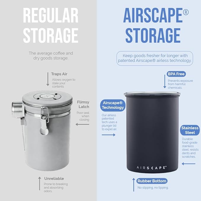 Planetary Design Airscape Stainless Steel Coffee Canister | Food Storage Container | US Patented Airtight Lid | Push Out Excess Air Preserve Food Freshness (Small, Matte Blue)