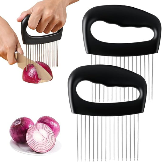 Onion Holder for Slicing, Stainless Steel Onion Slicer Holder, 2025 New Upgraded Tamato Slicer Vegetable Cutter Kitchen Gadeget Chopper Assistant Tool for Potato Lemon Fruit and Meat (2pcs)