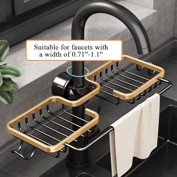 Stainless Steel Drying Rack with Dishcloth Rack, Over Faucet Hanging Kitchen Sink Organizer, Space Saving, Golden