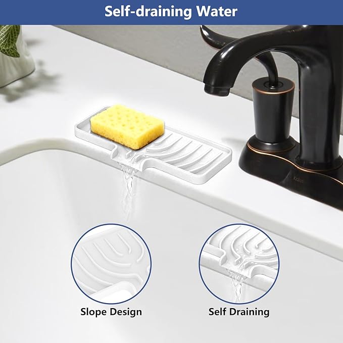 Silicone Sponge Holder for Kitchen Sink With Drain Spout, Self Draining, Kitchen Soap Tray, Bathroom Organizer, Sink Caddy (White, 10×4)