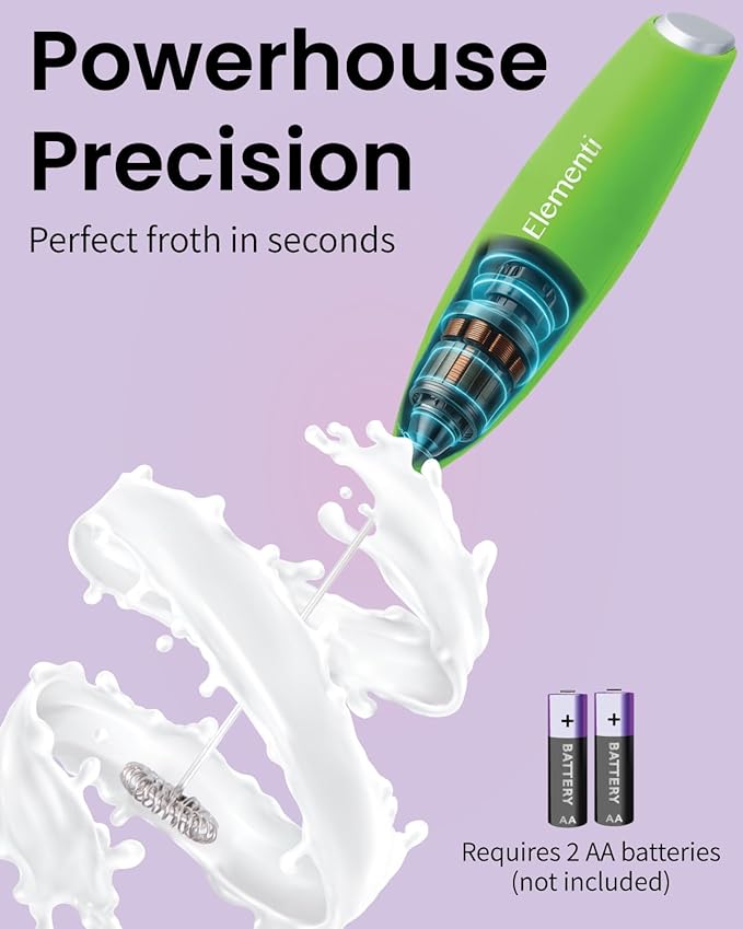 Elementi Milk Frother Wand - Powerful Hand Frother for Coffee - Handheld Electric Whisk, Milk Foamer, Mini Whisk & Coffee Blender for Frappe, Lattes, and Matcha (Lime Green)