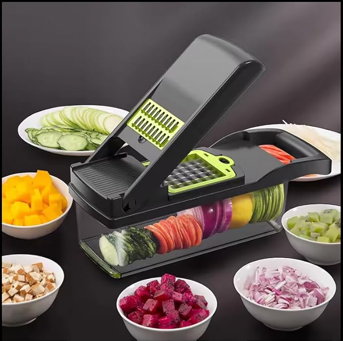 Pro Multifunctional Vegetable Chopper - 16 in 1 Food Chopper With 8 Blades, Slicer, Dicer, Cutter for Onions, Carrots, Garlic - Container Included