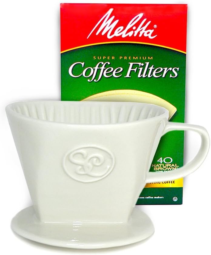 Ceramic Pour Over Coffee Maker with 40 Count Melitta Filters - Elegant Single Serve Coffee Dripper for Rich Brewed Pour Over Coffee - Base Measures 4", Height 3" - Brews 8-16 oz