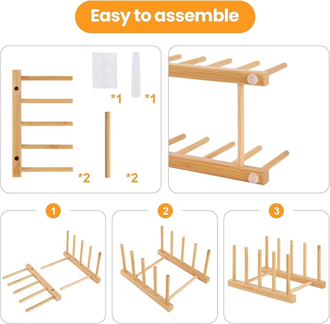 1 Pack Bamboo Wooden Dish Rack-Plate Pot Lid Cutting Board Organizer Holder Rack for Cabinet-Kitchen Cabinet Organizer for Dish, Pots, Lids, Bowls, Bottles, Books, and Puzzle
