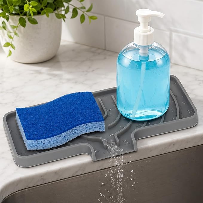 GUUKIN Sponge Holder for Kitchen Sink, Sink Caddy and Soap Tray | 10x4 inch Kitchen Sink Organizer | Compatible with Scrub Daddy, Kitchen Sink Accessories (Grey)