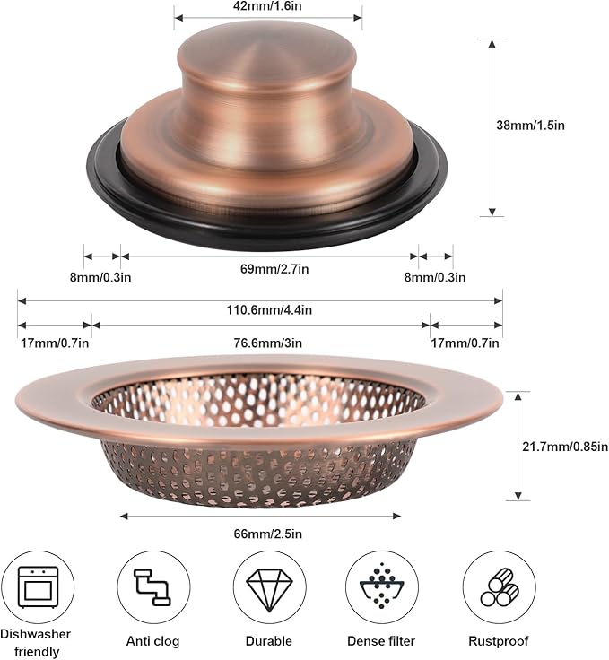 RQYEKDO Kitchen Sink Strainers Sink Stopper Kits, Stainless Steel Sink Drain Strainer Set, Large Wide Rim 4.4" Diameter Food Catcher Garbage Disposal Plug for Most Sink Drains Basket Filter (Copper)