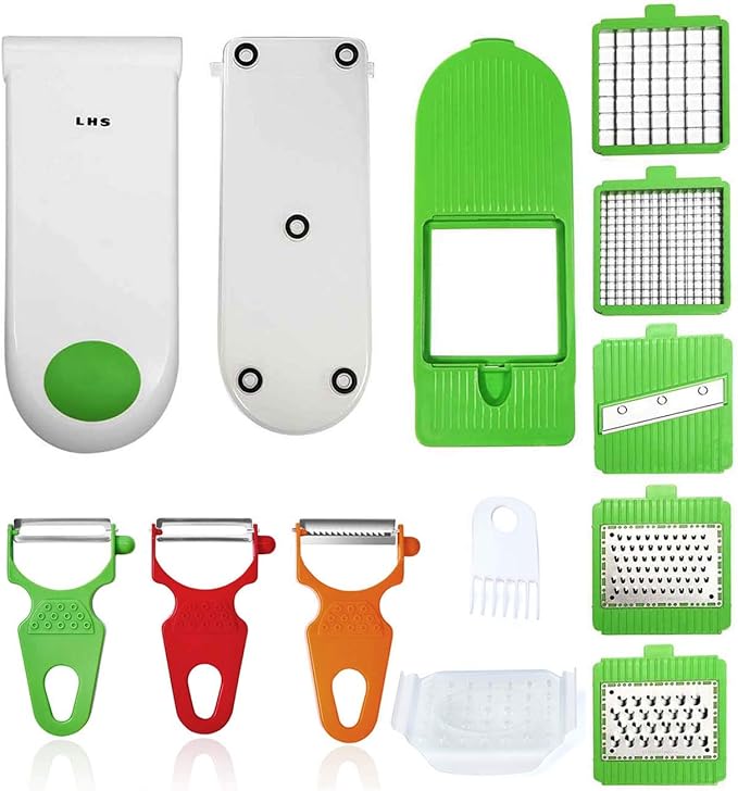 LHS Vegetable Chopper, Pro Onion Slicer Dicer Cutter Shredded- Cheese & Veggie Plus Peeler and Julienne with 8 Blades (Green)